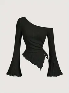 Women's Solid Asymmetrical Neck Long Sleeve Slim Tee Top, Casual Fashion T-shirt for Fall & Winter, Women's Clothing for Daily Wear
