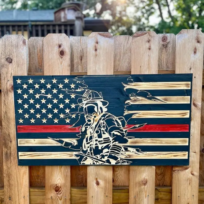 CNC-Made Fireman Themed Wood Flag, Patriotic Home Decor for Firefighter Enthusiasts