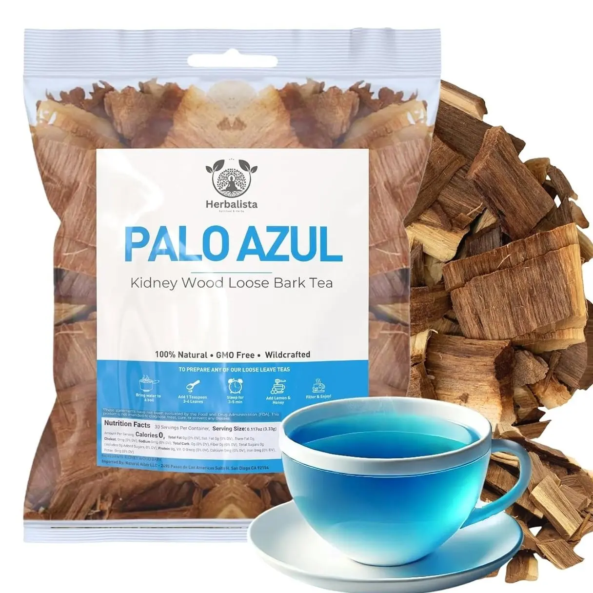 Herbalista - Premium Palo Azul Tea 4 oz (113g) | Kidney Wood Blue Stick Herbal Tea | Natural Kidney Support & Teatox | 60+ Cups | Loose Bark Resealable Bag Wildcrafted