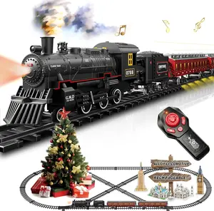 Electric Train Sets Remote Control for Kids Metal Alloy Christmas Train Toys Steam Locomotive Glowing Passenger Carriages Luxury Tracks Light & Sounds Rechargeable Birthday Gifts for Boys Girls Red