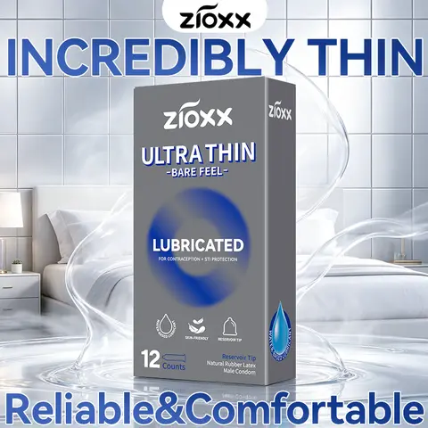 Zioxx 12 Pcs Natural Latex Male Condoms - Ultra Thin, Smooth, Discreet Plain Pack, Moisturizing Coat, Standard Fit, Bare Feel Lubricated Contraceptives, 52mm Reservoir Tip, 175mm Length, No Heat Transfer Issue, Personal Protection