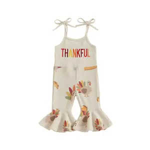 REDWOON Thanksgiving Toddler Girl Bell Bottom Jumpsuit THANKFUL Embroidery Turkey Print Romper Baby Spaghetti Straps Overalls Flare Pant Kid Playsuit