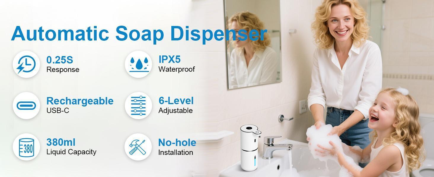 Automatic Liquid Soap Dispenser – Touchless Hand Soap or Dish Soap Dispenser, 6 Adjustable Levels, 360ml, IR Sensor & Display, Wall-Mount or Tabletop Use for Bathroom Kitchen – Ideal Gift for Home detail 2