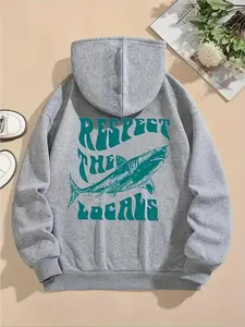 【Plus Size】 Letter & Shark Print Drop Shoulder Hoodie, Fashion Casual Drawstring Pocket Hooded Sweatshirt for Daily Holiday Outdoor Wear, Women Clothing for Fall & Winter