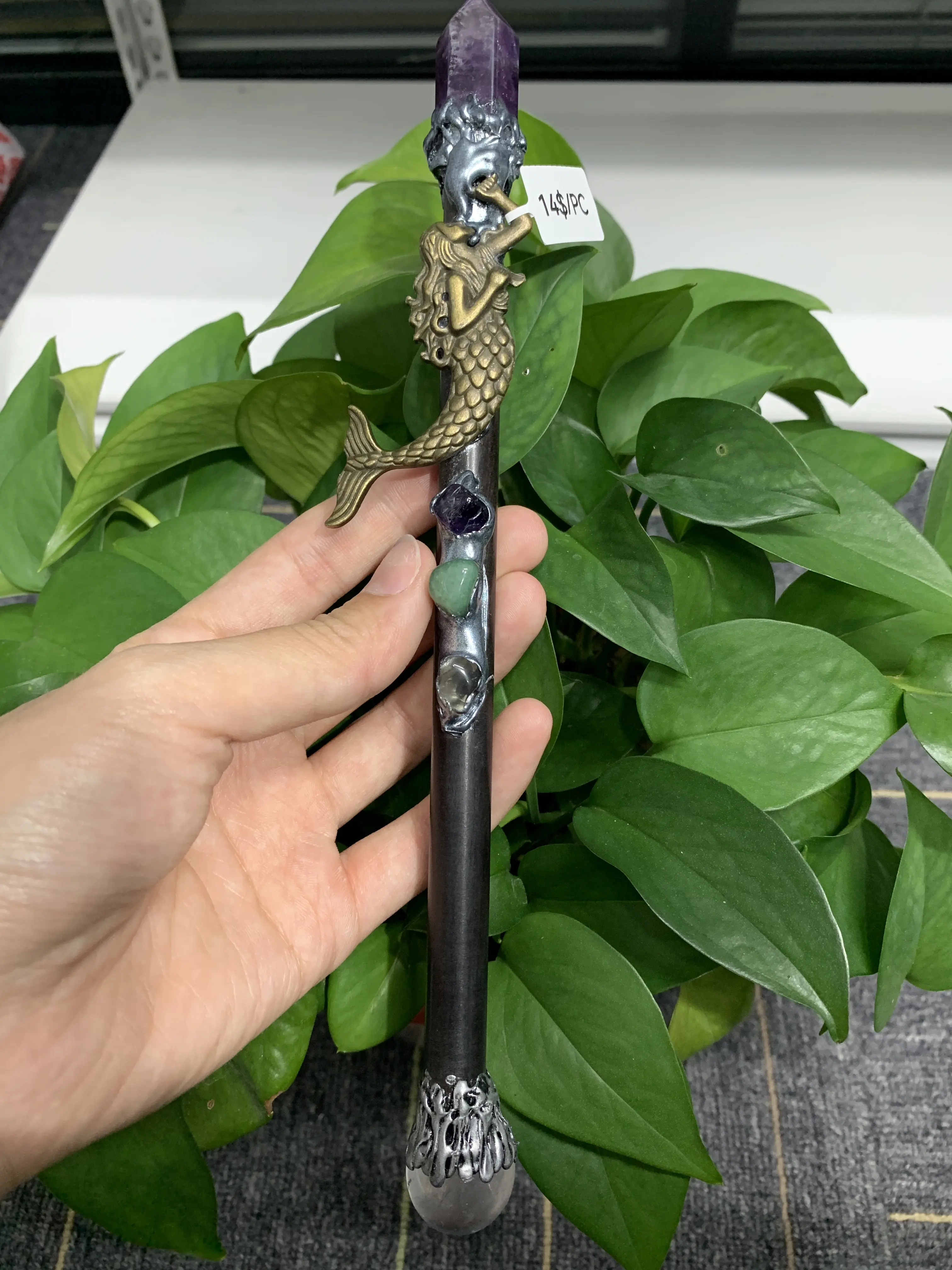 Candice(12913)gc.Mermaid wand adorned with amethyst & aquamarine, exquisitely crafted, radiating enchanting allure.