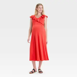 Flutter Short Sleeve Knit Midi Maternity Dress - Isabel Maternity by Ingrid & Isabel Coral Red XS: V Neck Empire Waist