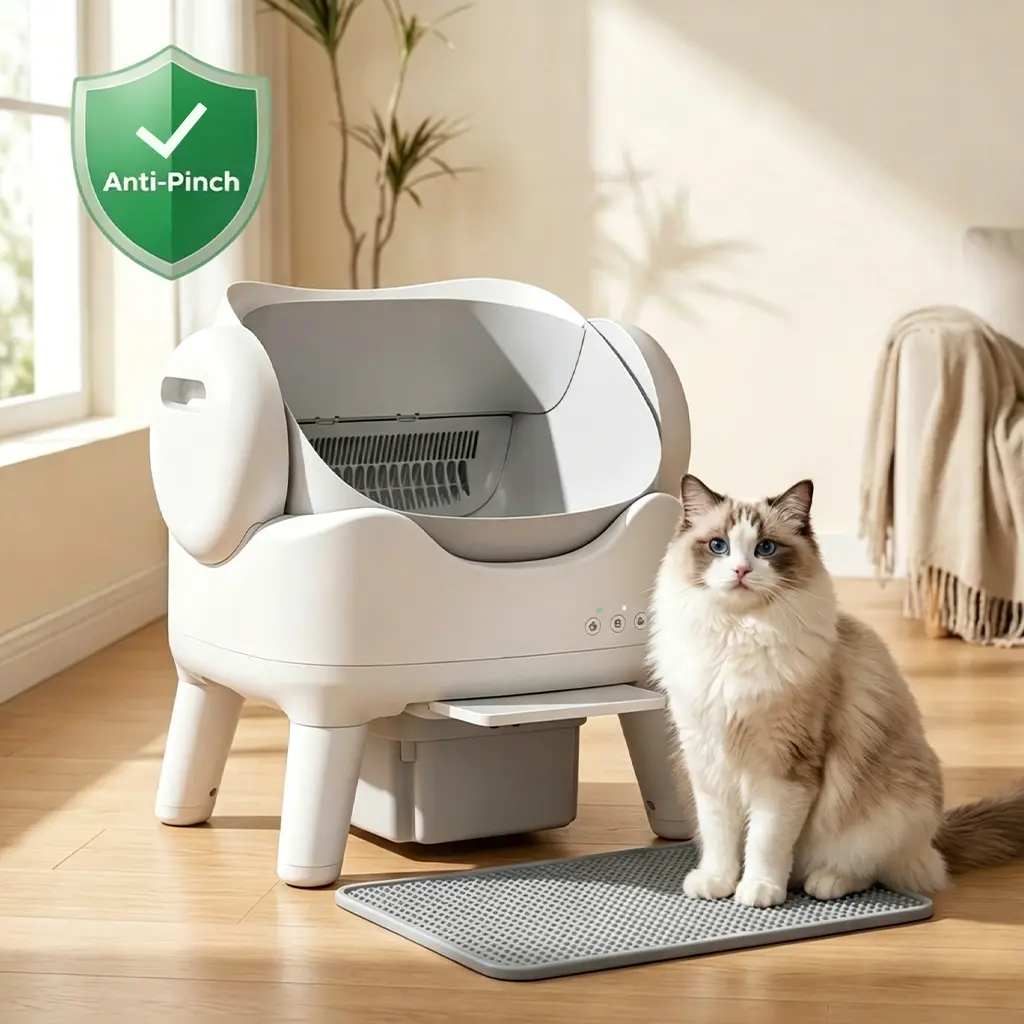 Automatic Self Cleaning Litter Box, Large Capacity Open Top Automated Robot with Safety Sensors for Multi-Cat Households, Anti-Pinch Protection, Easy Access Step for Senior Cats, No App Needed