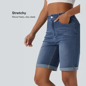 Halara Flex High Waisted Pockets Rolled Hem Washed Denim Casual Bermuda Shorts