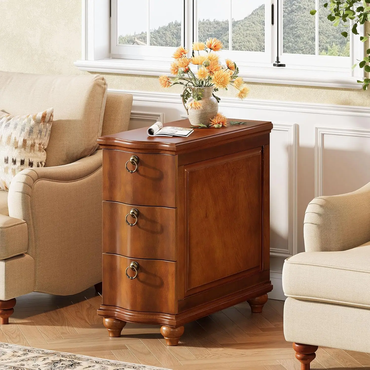 LITTLE TREE Wood Fully Assembled End Table, 3-Drawers Narrow Slim Side Table, No Assembly Required, Nightstand for Bedside, Small Spaces, Living Room, Bedroom