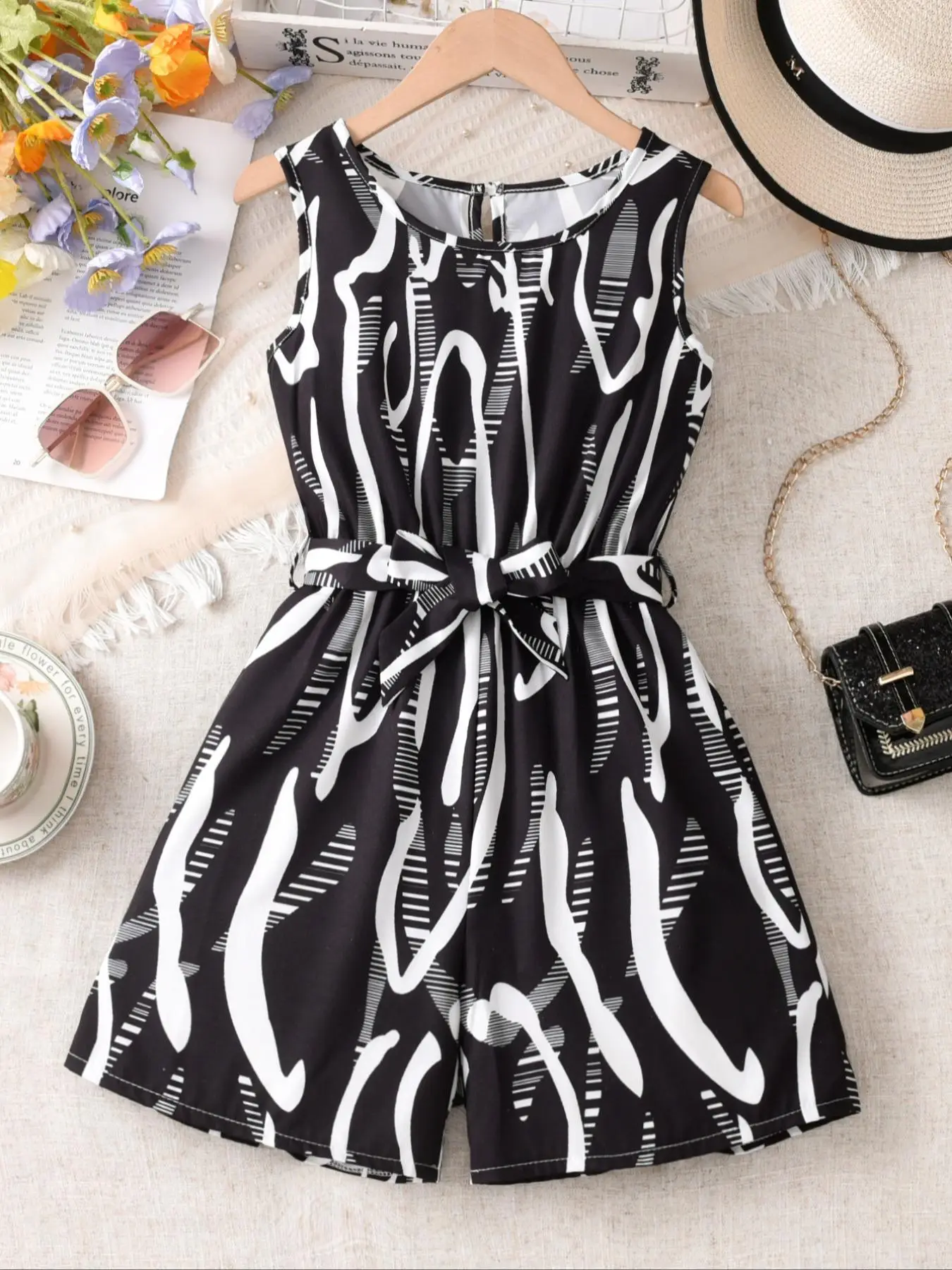 Girl's Irregular Line Print Romper, Casual Short Sleeve Jumpsuit for Summer, Kids Clothes for Daily Wear