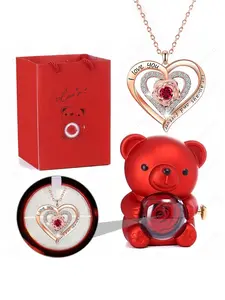 Elegant Heart Flower Pendant Necklace with Bear Rose Gift Box, Perfect for Girlfriend, Lover, Mother, Friend, Daughter, Birthday, Anniversary, Jewelry Gift, Heart Design Necklace