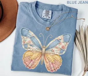 Comfort Colors Faux Patchwork Butterfly Shirt Spring Wildflower Aesthetic Graphic Tee Adult And Youth Matching Boho Vintage Shirts for Women Patchwork Custom Name Shirt T-shirt