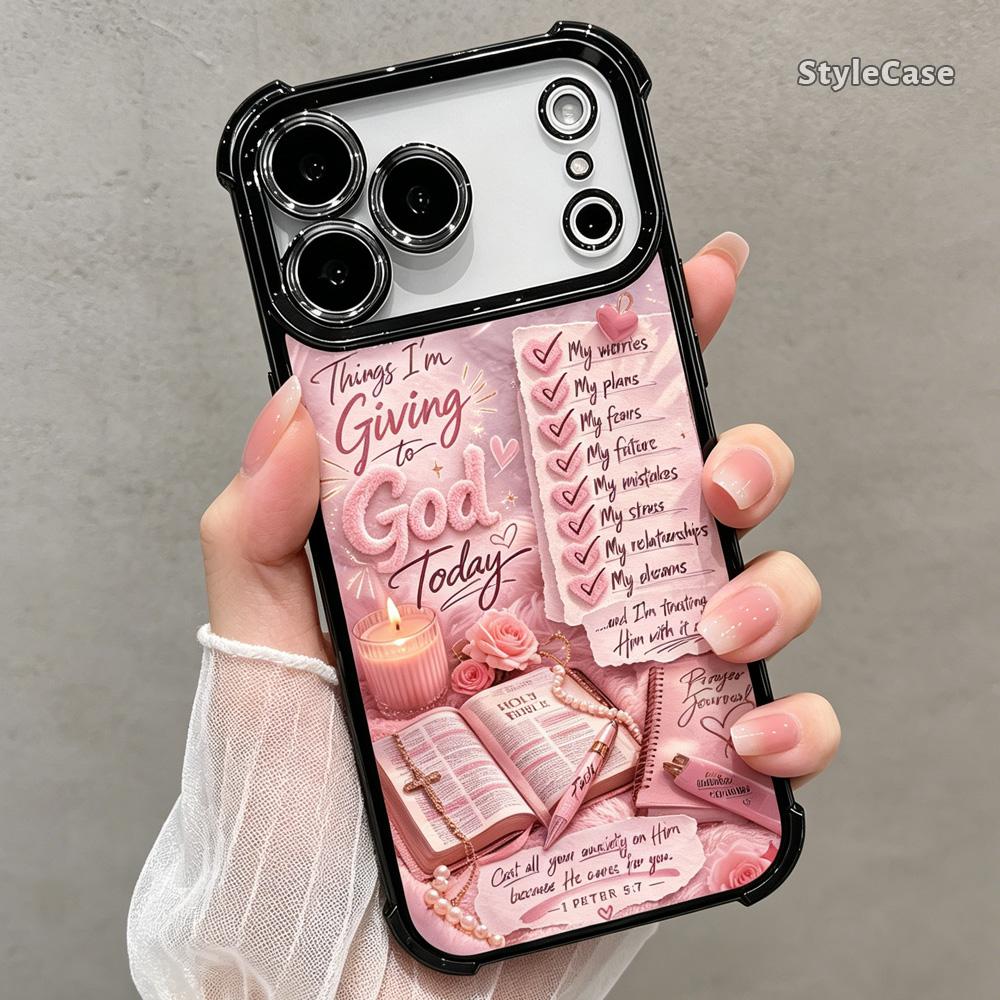 Giving to God Prayer Phone Case for iPhone 17 16 15 14 13 12 11 Pro Max Plus Air, Christian Faith Bible Verse Pink Clear TPU Shockproof Metallic Edge Cover Religious Gift DDSJ260627020