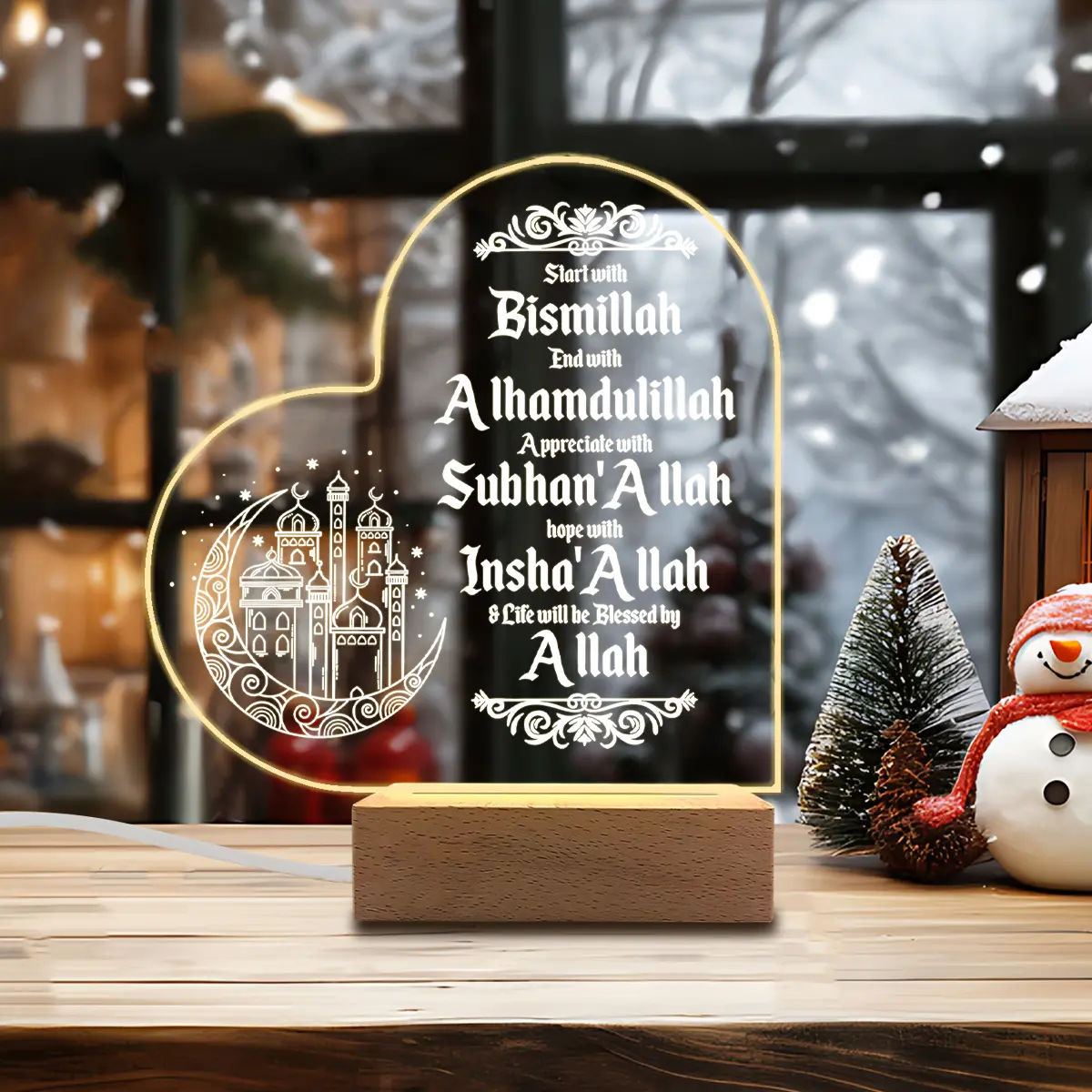 LED Night Light - Bismillah Alhamdulillah Muslim Table Lamp, USB/Battery Operated Heart-Shaped Islamic Home Decor for Bedroom, Eid Ramadan Gifts for Muslims