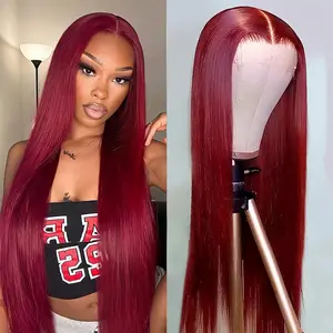 SummerVibes 30 Inch Straight Synthetic Smooth Wig 13x6 HD Transparent Lace Frontal Wig for Women and Girls Gorgeous Fluffy Wigs without Bangs Long Straight Wigs for Party Daily Use 99j Burgundy 200% Density