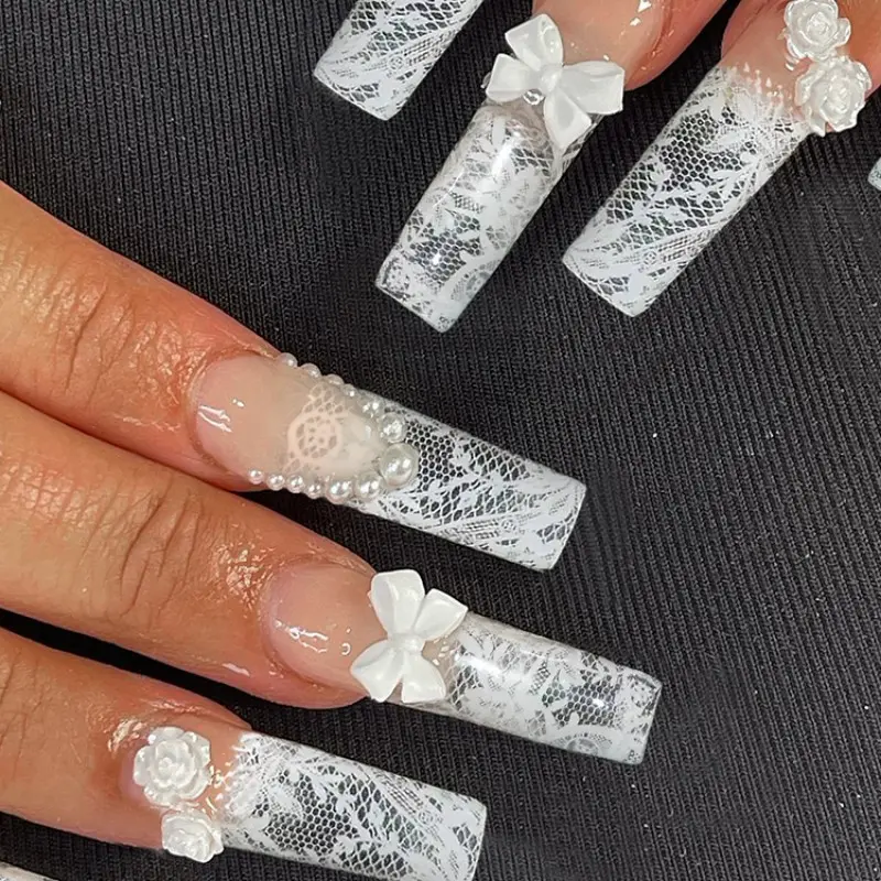 24pcs Long Square Press-On Nails, Lace Rose Butterfly False Nails, Flower Design Nails, Decorative Nails, Fake Nails, Easy to Wear, Perfect for Weddings, Parties, Daily Use, Nail Decoration Supplies