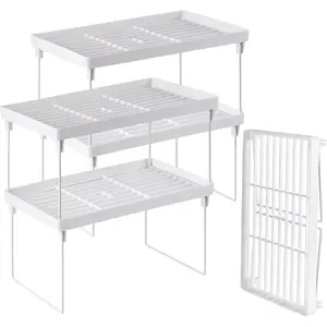 4-Pack Stackable Plastic Kitchen Storage Shelf Foldable Rack - White Kitchen Cabinet Organizer and Storage Shelves Stackable Expandable Storage Racks for Counter Cabinet Pantry Set