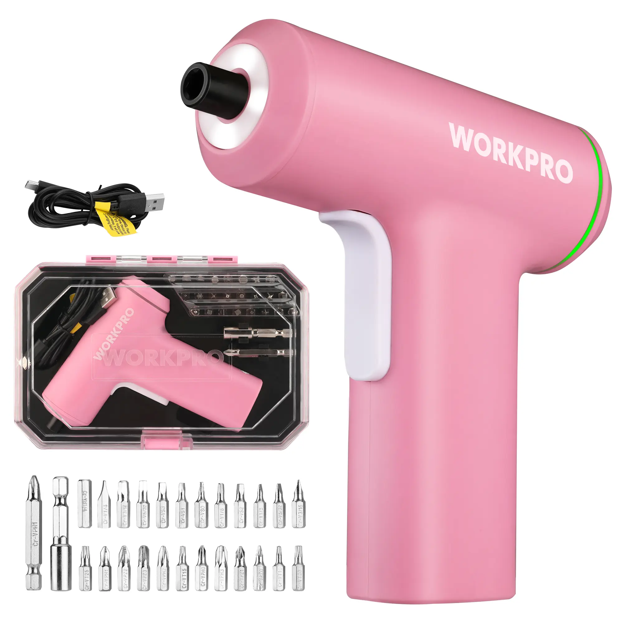#backtoschool WORKPRO Electric Cordless Screwdriver Set, 4V USB Rechargeable Lithium-ion Battery Power Screwdriver Kit with LED Light, Screwdriver with 28 counts Accessories for Home, Office, Apartment Repair - Pink