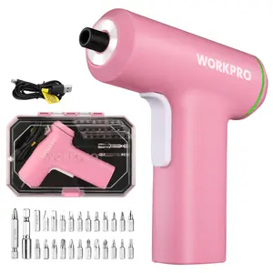 #Summervibes WORKPRO Electric Cordless Screwdriver Set, 4V USB Rechargeable Lithium-ion Battery Power Screwdriver Kit with LED Light, Screwdriver with 28 counts Accessories for Home, Office, Apartment Repair - Pink
