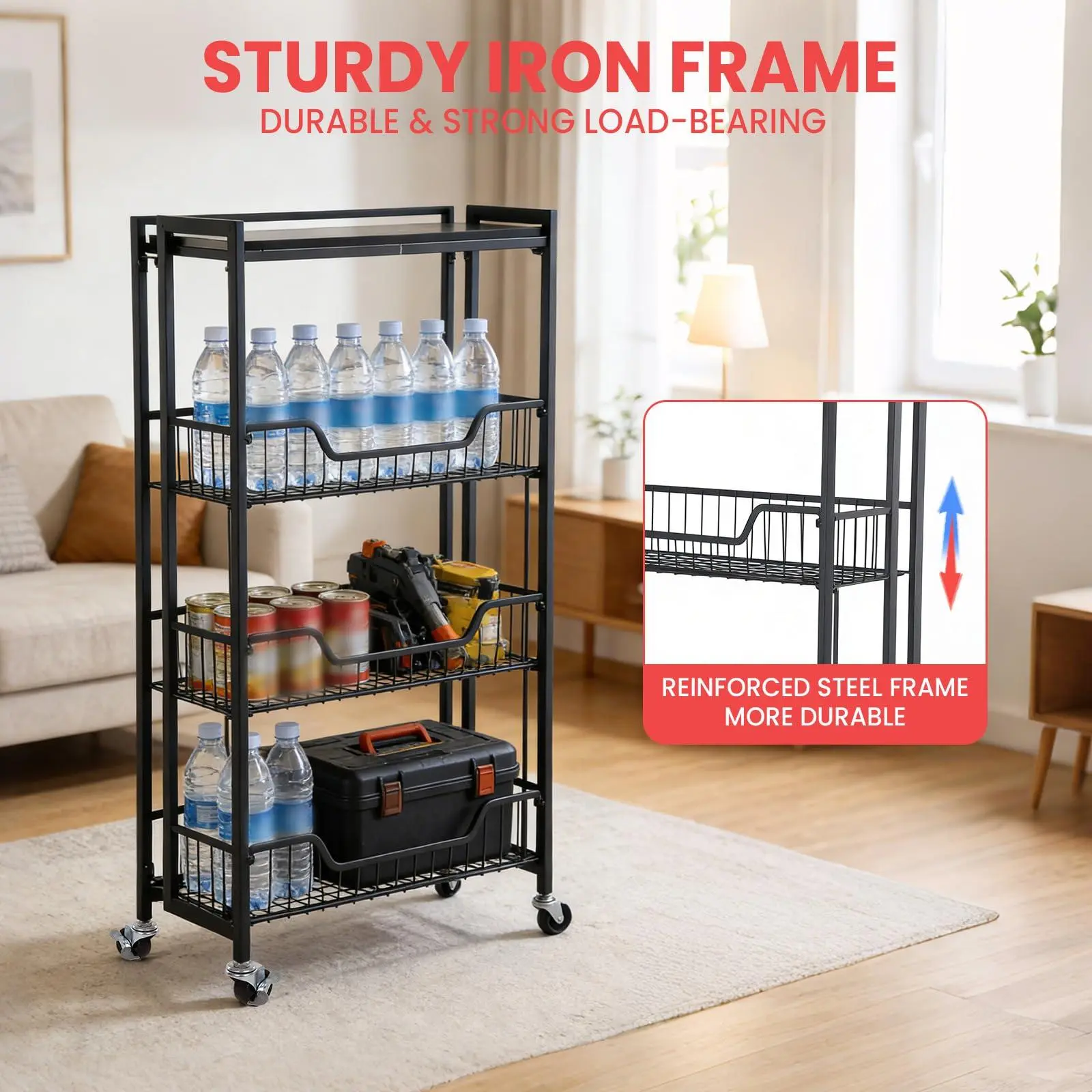 All Black 3-Tier Collapsible Kitchen Storage Cart with Wheels - Iron-Steel Frame, Wood Shelves, Locking Casters - Space-Saving Pantry Organizer for Fruit, Vegetables, Snacks