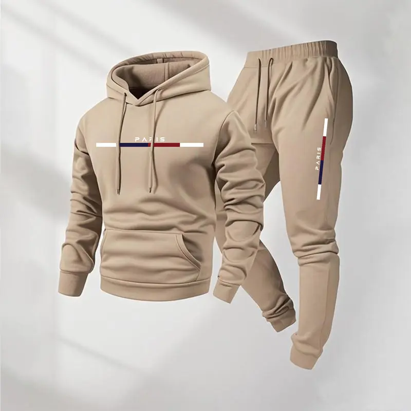 Men's 2-Piece Paris Letter Printed Tracksuit Set - Minimalist Breathable Polyester Hooded Sportswear, Drawstring Sweatpants, Trendy Mensfashion Fall Winter Athleisure Workout Gear