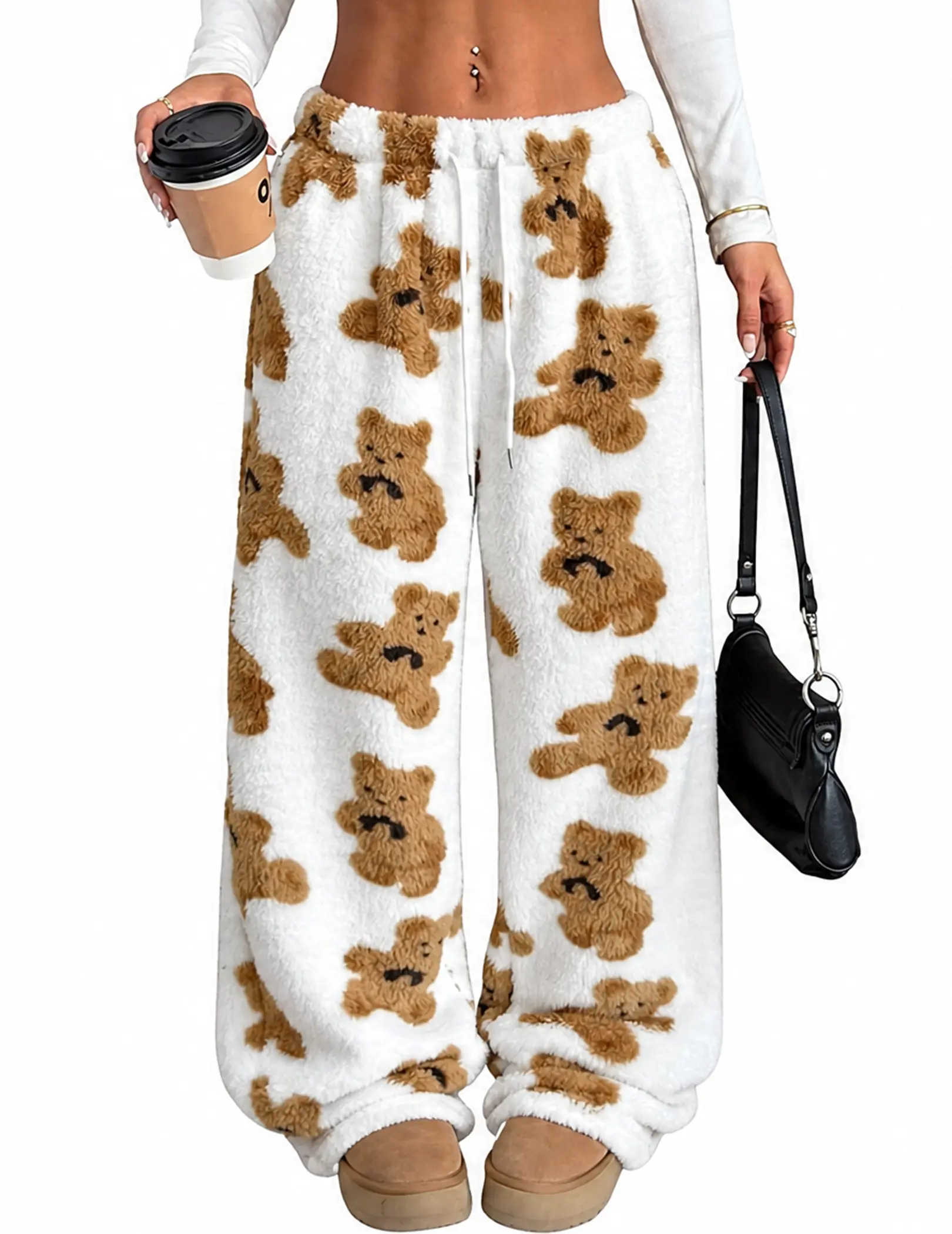 Women's Fuzzy Y2K Wide Leg Teddy Pajama Bottoms - Fluffy Loungewear Pants, 2 Side Pockets, Elastic Waist with Drawstring
