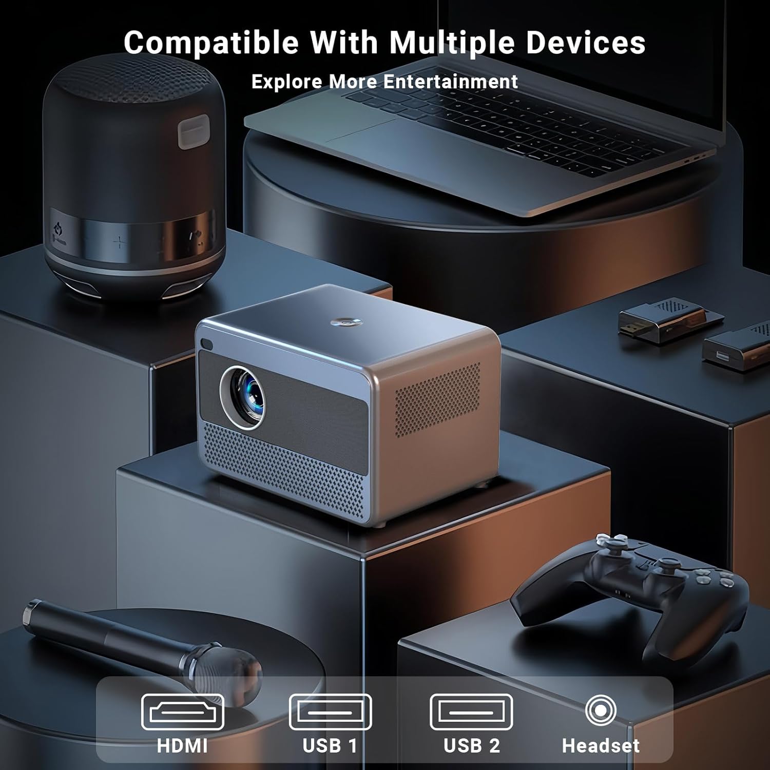 Smart Projector with Wifi and Bluetooth,1080P Support,Auto Focus&Keystone Projector,Built in App,Video Projector for Bedroom,Home Ceiling Portable Projector with iOS/Android/Win/HDMI