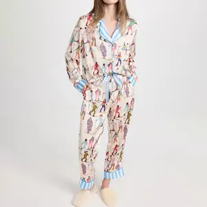 Ski Satin Pajama Set For Women Print Comfy Sleepwear & Loungewear Pjs Printing Silky Top & Bottoms - SHESHOW