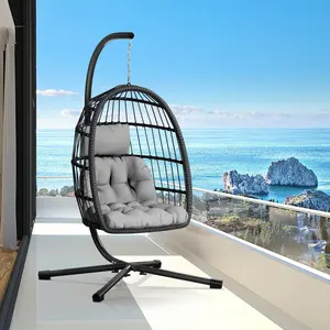 LEVELEVE Rattan Wicker Outdoor Hanging Chair with Stand, Patio Outdoor Furniture, Thick Aluminum Alloy Steel Frame, Uv-Resistant Cushion, 350LBS Capacity for Porch Garden,Summervibes