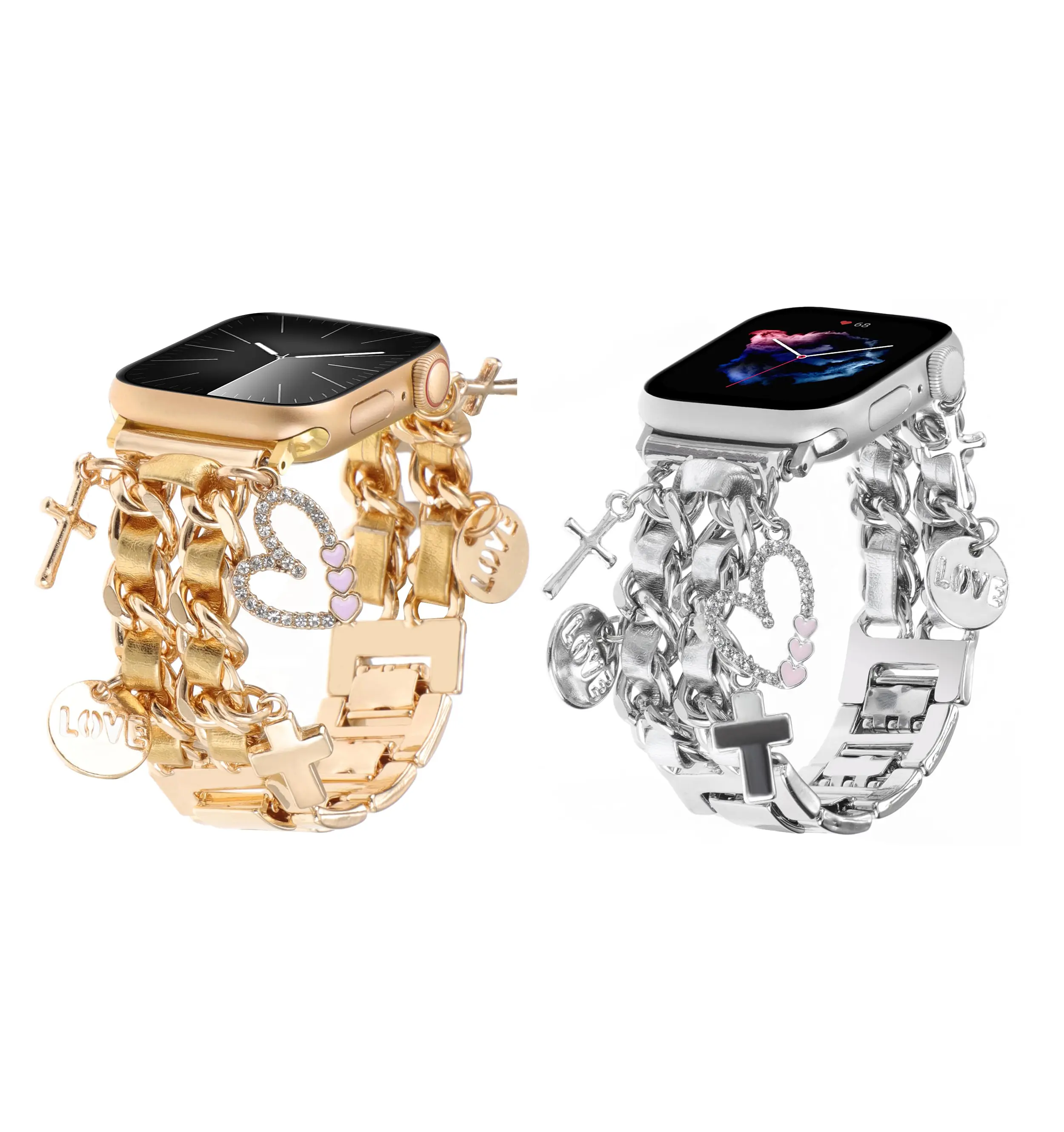 2 Packs Metal Chain Charms Bands for Apple Watch 38mm-49mm,Unique Pendants,Replacement Strap Stylish Compatible with Series 1-9 and 10 11 Bands for Women