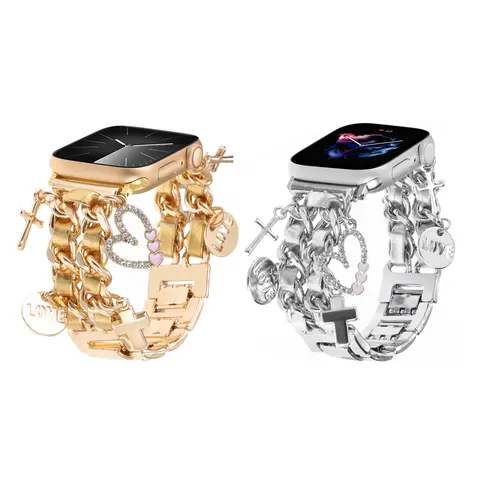 2 Packs Metal Chain Charms Bands for Apple Watch 38mm-49mm,Unique Pendants,Replacement Strap Stylish Compatible with Series 1-9 and 10 11 Bands for Women