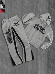 Unisex Loose Fit Colorblock 'super Wisdom' Print Set, Hoodie & Long Pants with Star Pattern, Soft Fleece Fabric, Streetwear Style, Activewear