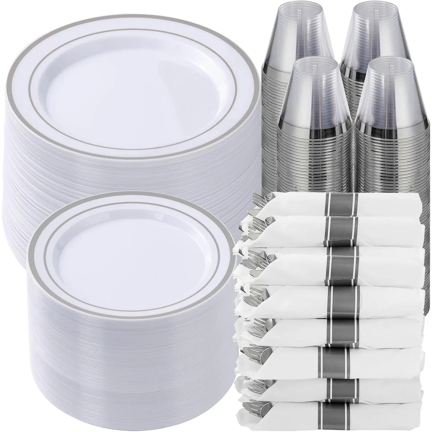 700 Piece Silver Plastic Dinnerware Set for 100 Guests, Disposable Plates for Party, Include: 100 Dinner Plates, 100 Dessert Plates, 100 Pre Rolled Napkins with Silverware, 100 Cups Christmas Thick