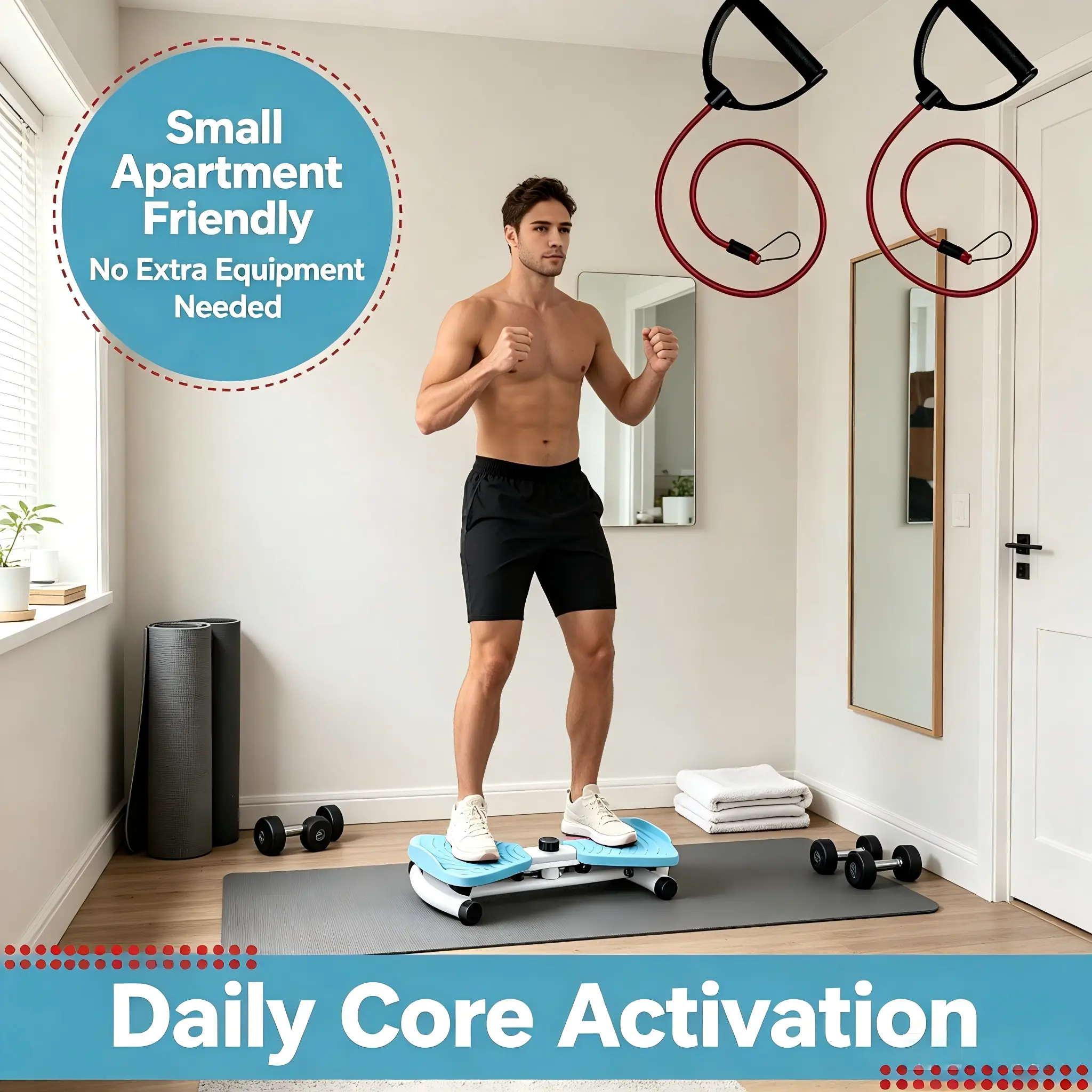 Heavy Duty Stable Base Standing Twist Exercise Board, Silent Smooth Rotation Double Non Slip Balance Trainer with Resistance Bands, Lightweight Compact Portable Home Fitness Equipment for Beginner Friendly Indoor Balance & Coordination Training
