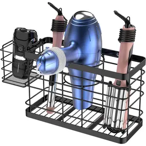 Hair Tool Organizer - Black Steel Wall Mounted Hair Dryer Holder with Removable Basket, 10.62"L x 4.33"W x 6.69"H, Ideal for Small Bathrooms