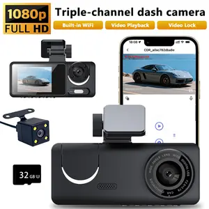3-in-1 Triple Channel 1080P Full HD Dash Cam Dashcam Camera Dvr with Front/Rear/Inside Camera, APP WiFi Remote Control, 24/7 Parking Mode G-Sensor, Loop Recording, 256GB Max Support for Cars SUV Trucks & All Vehicles