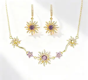 Sun Flower Bracelet Purple  Princess Zircon Gemstone Sweet Bracelet Necklace jewelry Set for Christmas New Year Gift