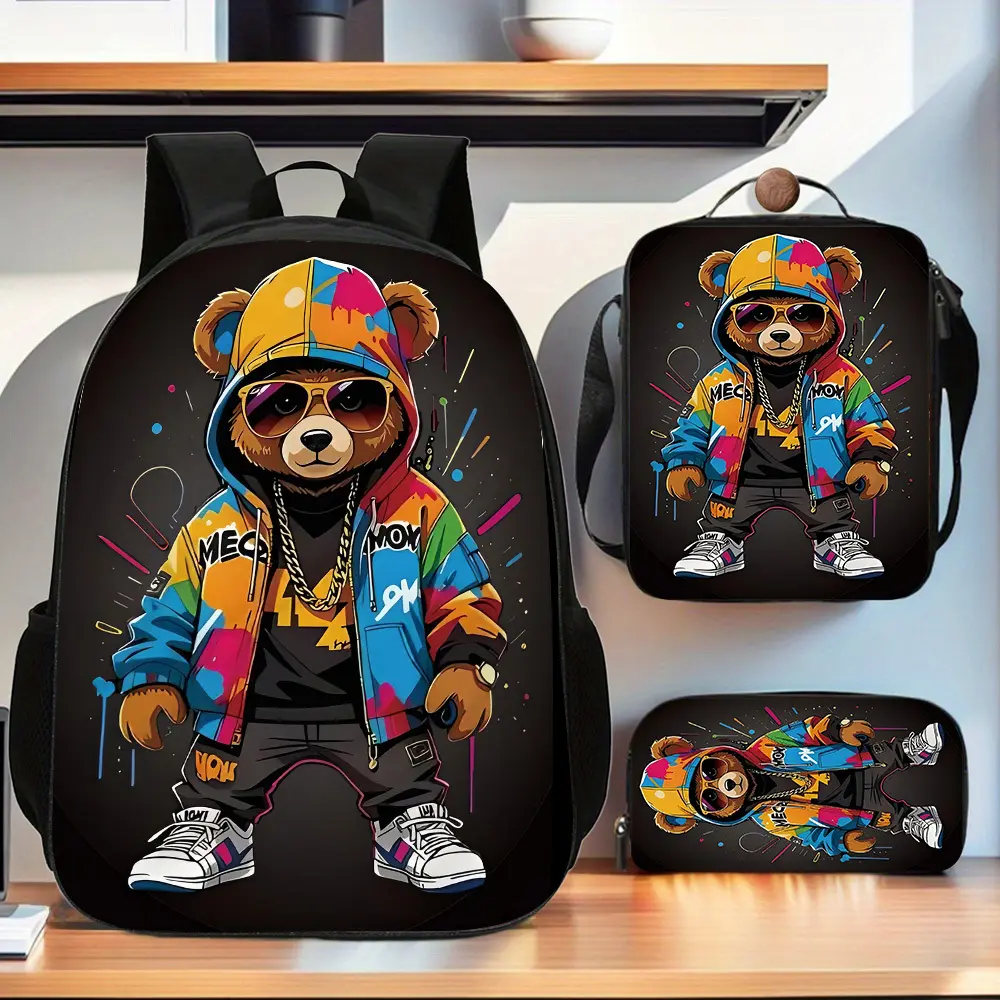 Hip Hop Teddy Bear 3PCS Backpack Set, Durable 600D Oxford Cloth School Bag  Adjustable Breathable Strap for Kids Teens School Travel Outdoor