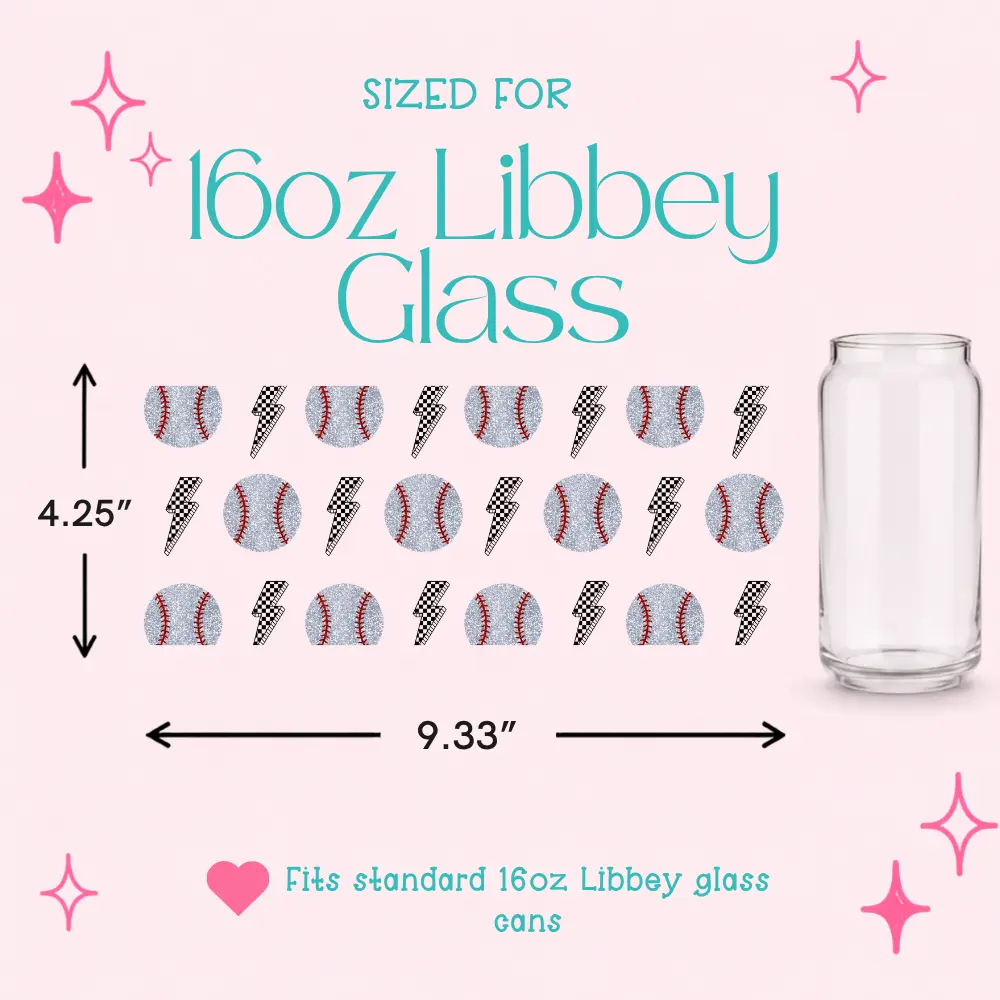 Baseball UV DTF Cup Wraps | 4-Pack 16oz Libbey Glass | Peel & Stick Waterproof | No Heat Needed