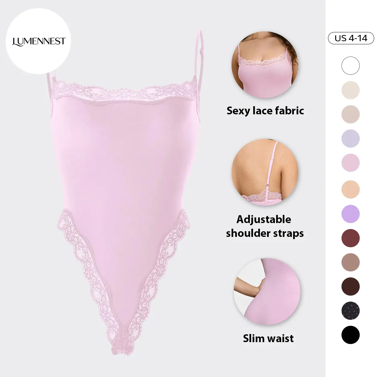 LUMENNEST Lace Series Women's Spaghetti Strap Lace Trim Breathable Bodysuit, Minimalist Chic Bodysuit, Seamless Fitted Plain Lightweight Bodysuits