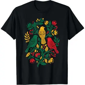 Rasta Reggae Roots Three Birds Jamaica Folk Art Floral T-Shirt
