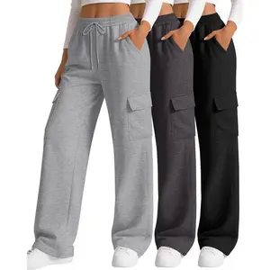 3 Pack Women's Cargo Sweatpants Wide Leg Baggy Loose Elastic Drawstring Pants Casual Athletic Joggers with 4 Pockets(Sheets)