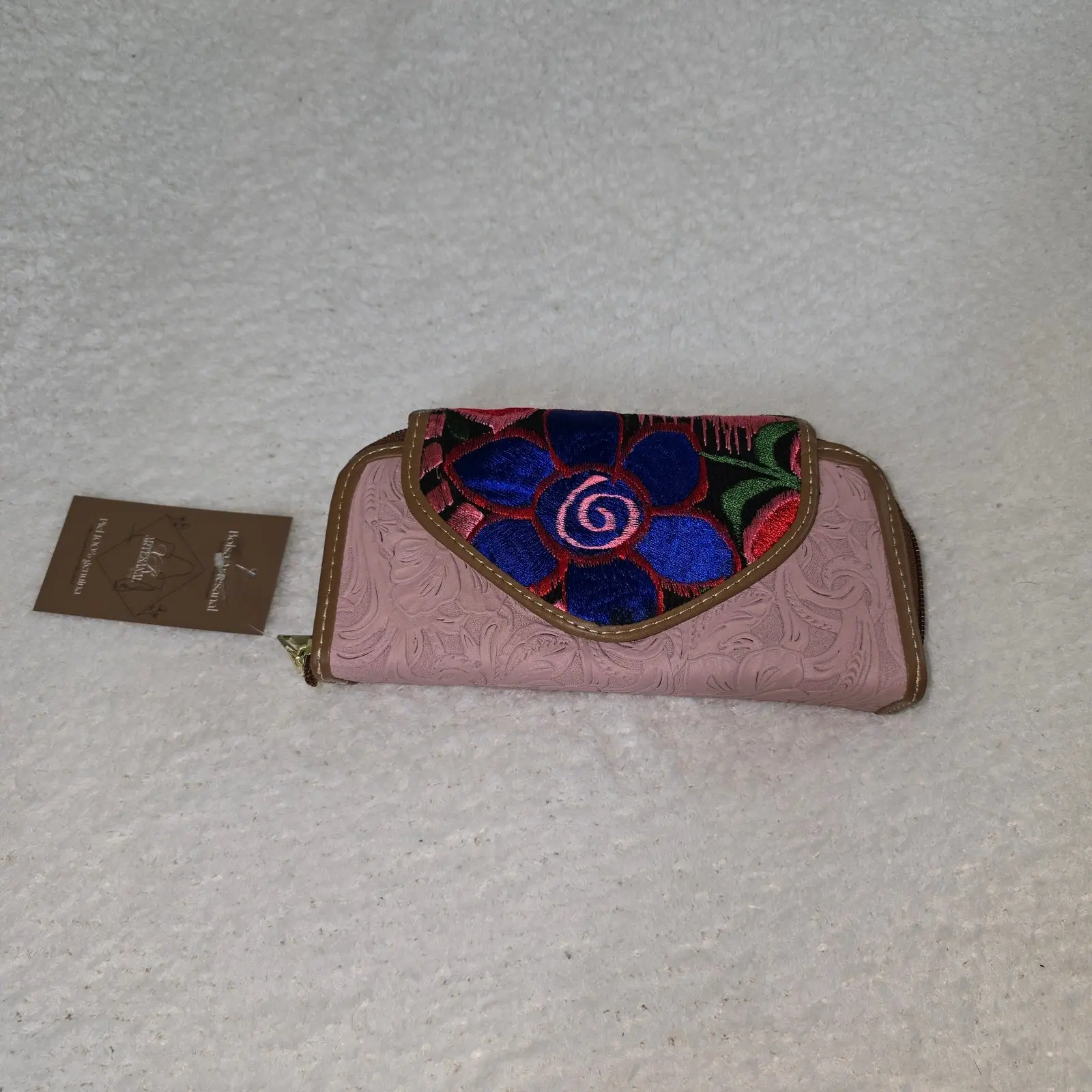 Handmade Mexican Pink Embossed Leather Wallet with Floral Embroidery
