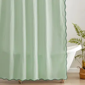 Scalloped Waffle Weave Shower Curtain with Rustproof Metal Grommet Holes for Bathroom, Machine Washable, Hooks Included (72x72 inch, Dark Green/Light Sage)