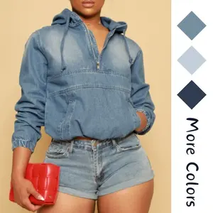 Women's Half Zip Denim Hoodie Pullover Jacket Jean Tops