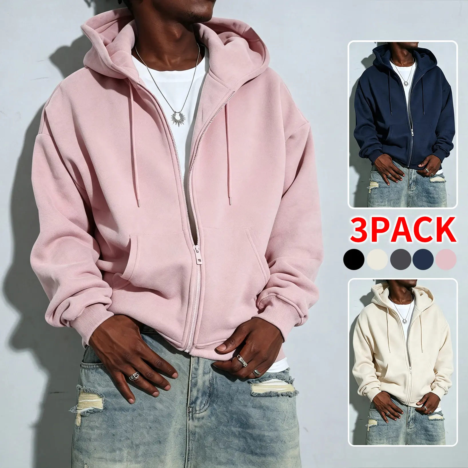 3-pack or single men’s autumn & winter oversized suede zip-up hooded cardigan, solid-color full-zip hoodie, hip-hop street style loose casual jacket, versatile everyday outerwear top