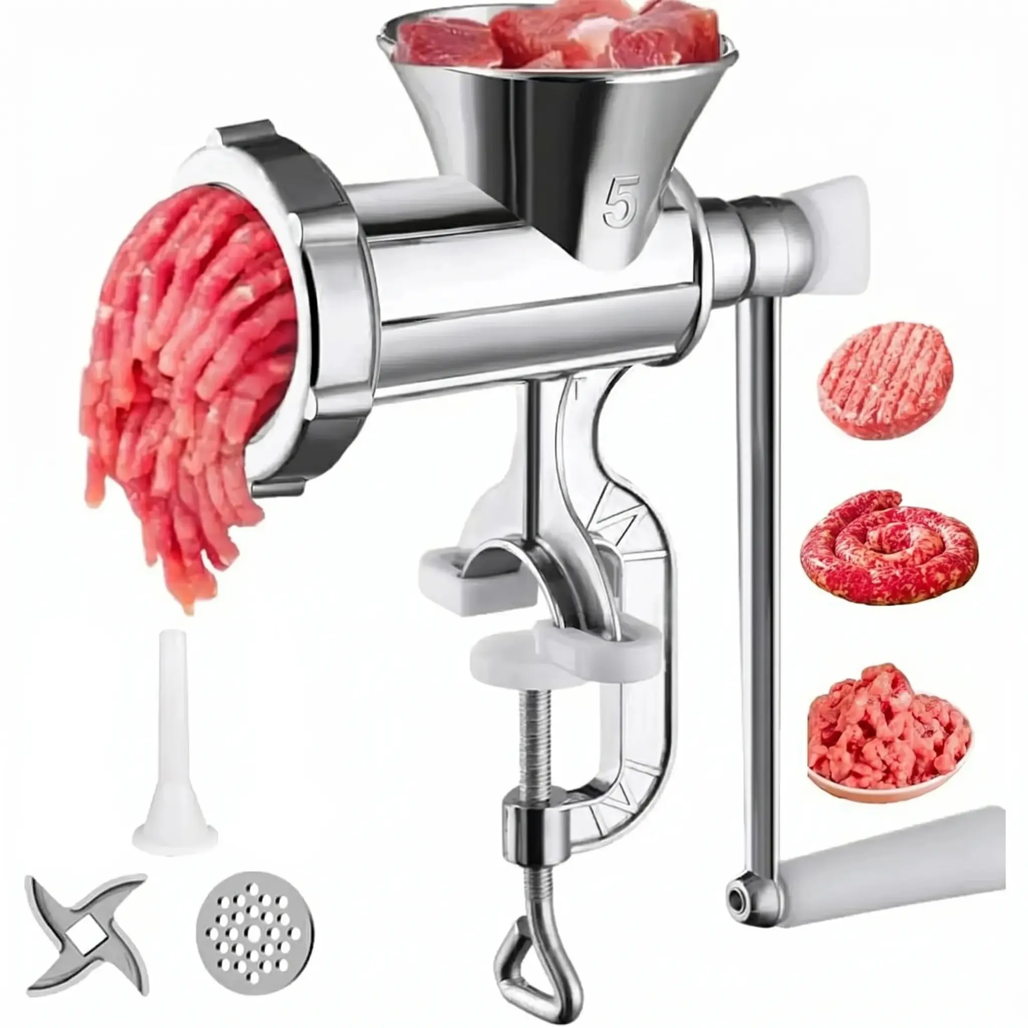 Manual Meat Grinder & Sausage Stuffer Machine, Heavy Duty Hand Crank Mincer with Table Clamp, Multi-functional Kitchen Tool for Beef, Pork, Burger Patty Maker, Easy Clean