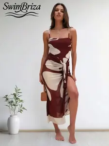Briza｜Strappy One-Piece Swim Dress In Brown Cream Abstract Print With Side-Tie Wrap As A One Piece Swimsuit And One Piece Bathing Suit, A Bathing Suit And Swimsuit For Women As Vacation Swimwear For Women With Swimsuit Cover Up For Women