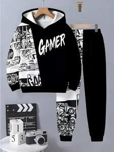 Boys' Fun Printed Hoodie and Sweatpants Set, Comfortable Casual Wear, Soft and Cozy, 3D Fashion Kids, Long Sleeve Top + Pants, Youth Kits, Hoodies