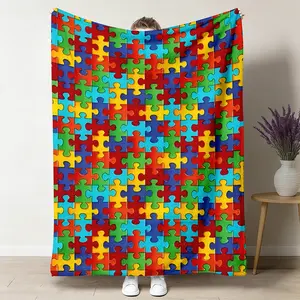 Autism Awareness Colorful Puzzle Piece Throw Blanket, Soft Flannel Fleece Blanket, Warm Breathable Napping Blanket for Home, Office and Travel, Cozy Bedroom Decor, Soft Blanket, Soft Comfy Blanket